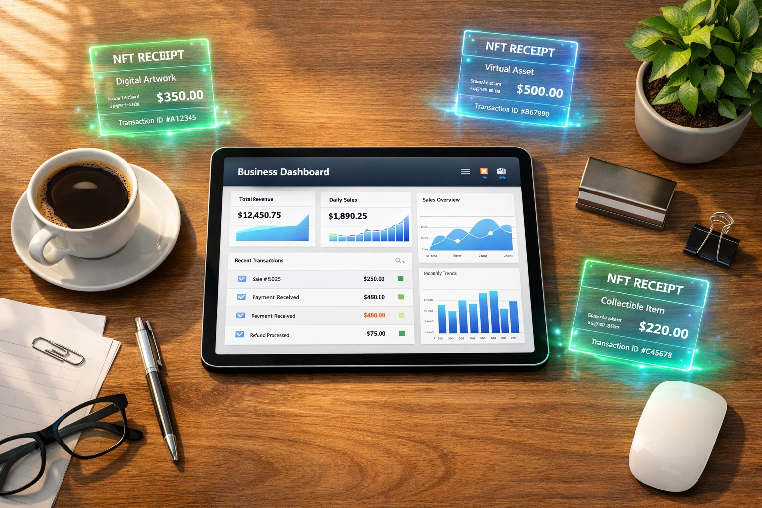 Business dashboard showing organized crypto transaction data and NFT receipt records