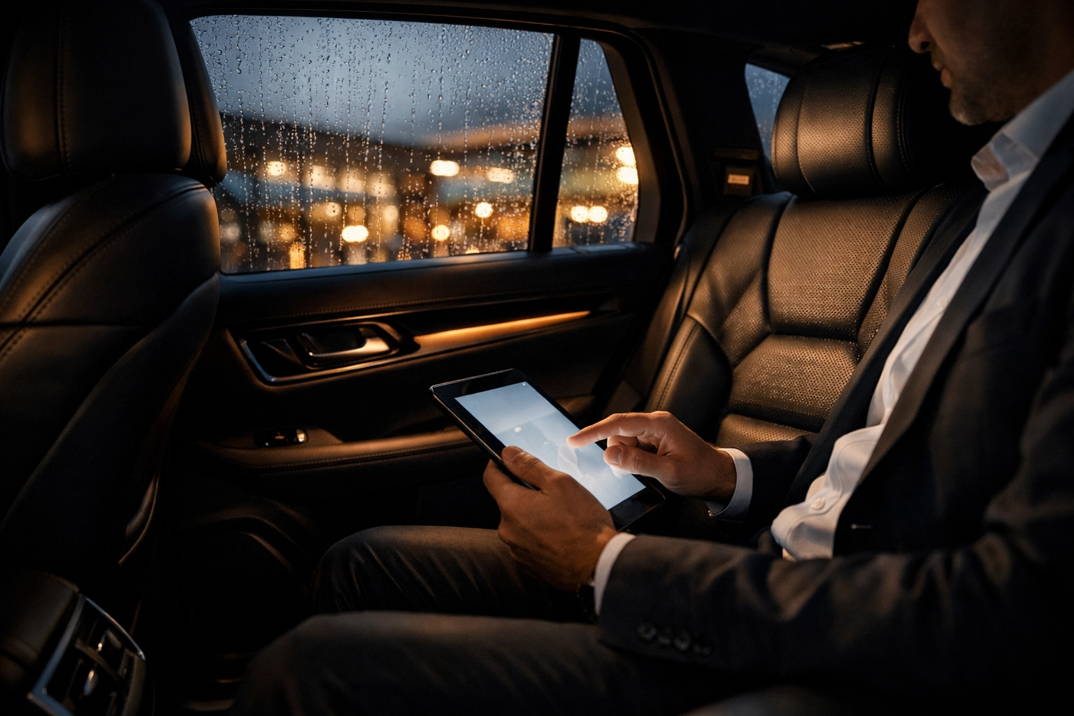 Professional passenger working in the quiet cabin of a luxury SUV during an executive airport transfer.