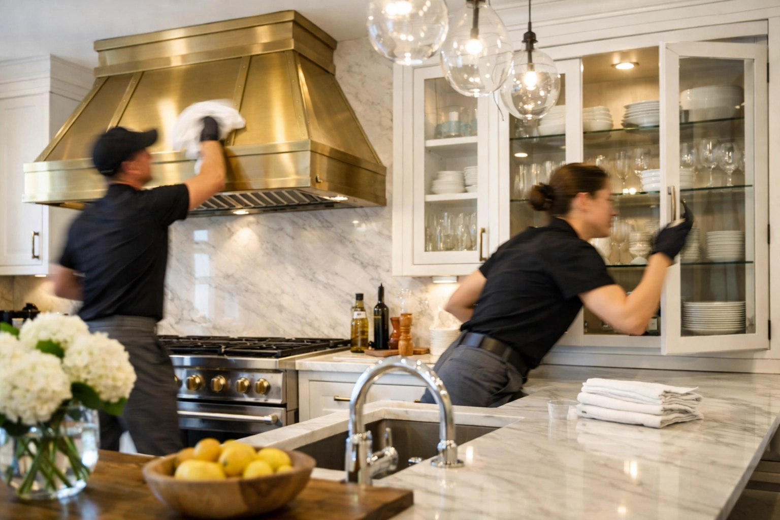 Professional cleaning team performing a final polish on a luxury kitchen range hood and cabinets.