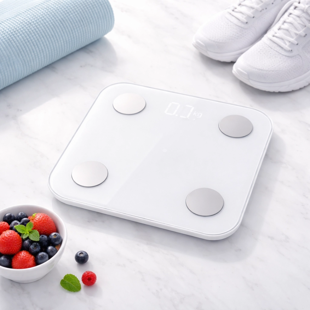 Digital bathroom scale, yoga mat, sneakers, and berries, representing healthy lifestyle and weight tracking with GLP-1