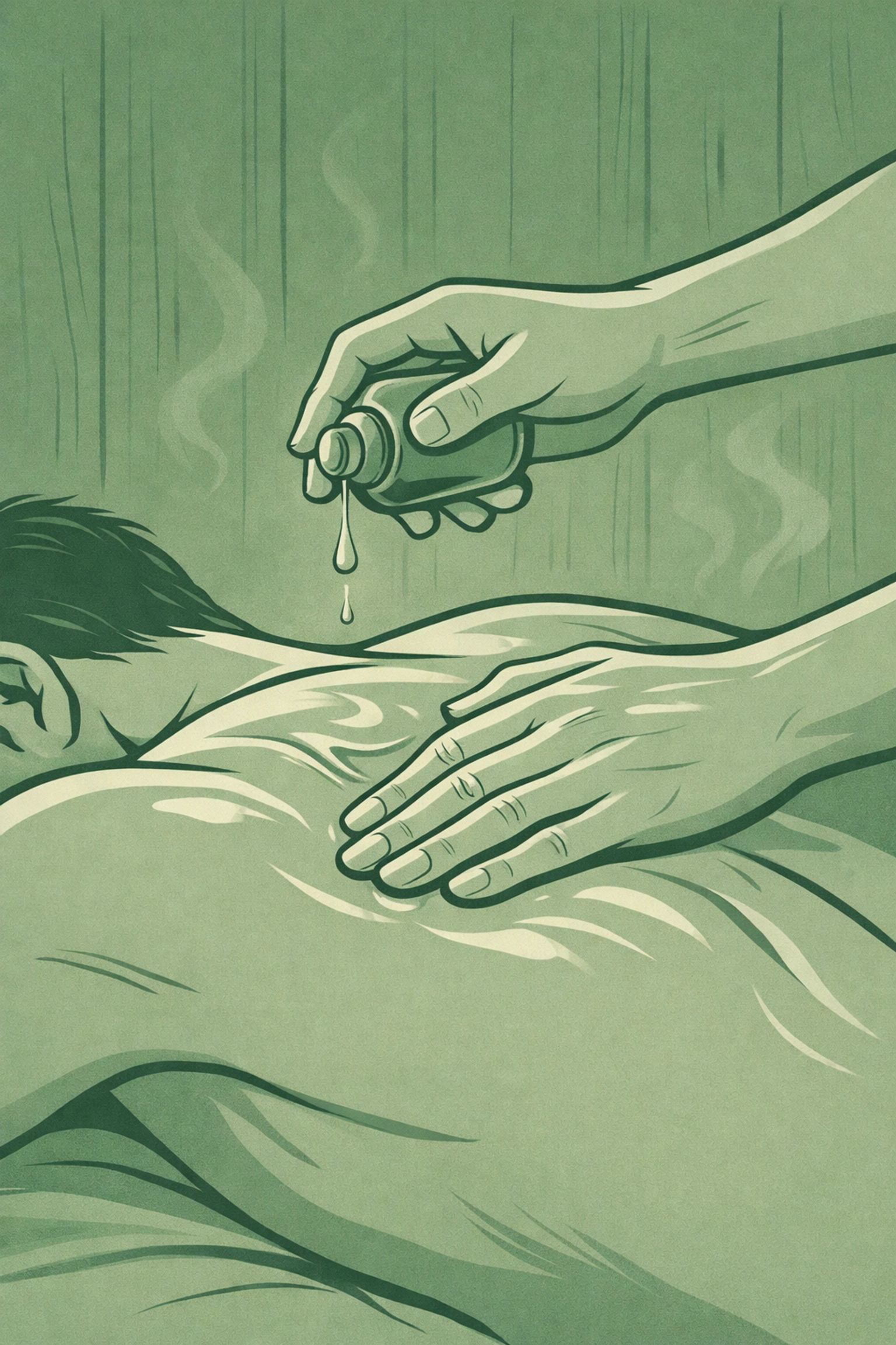 Hands applying massage oil in intimate touch - sensory MM fiction without romance