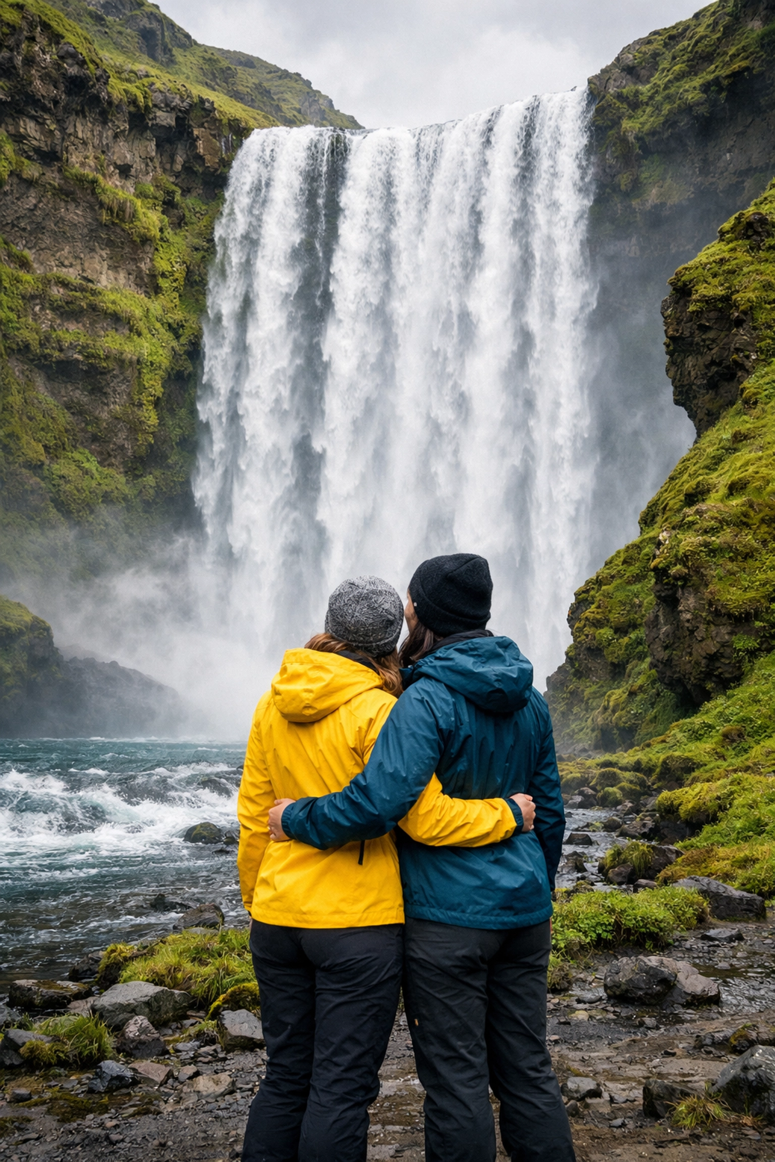 A lesbian couple enjoys a romantic nature adventure at a waterfall in Iceland, a top queer travel destination.