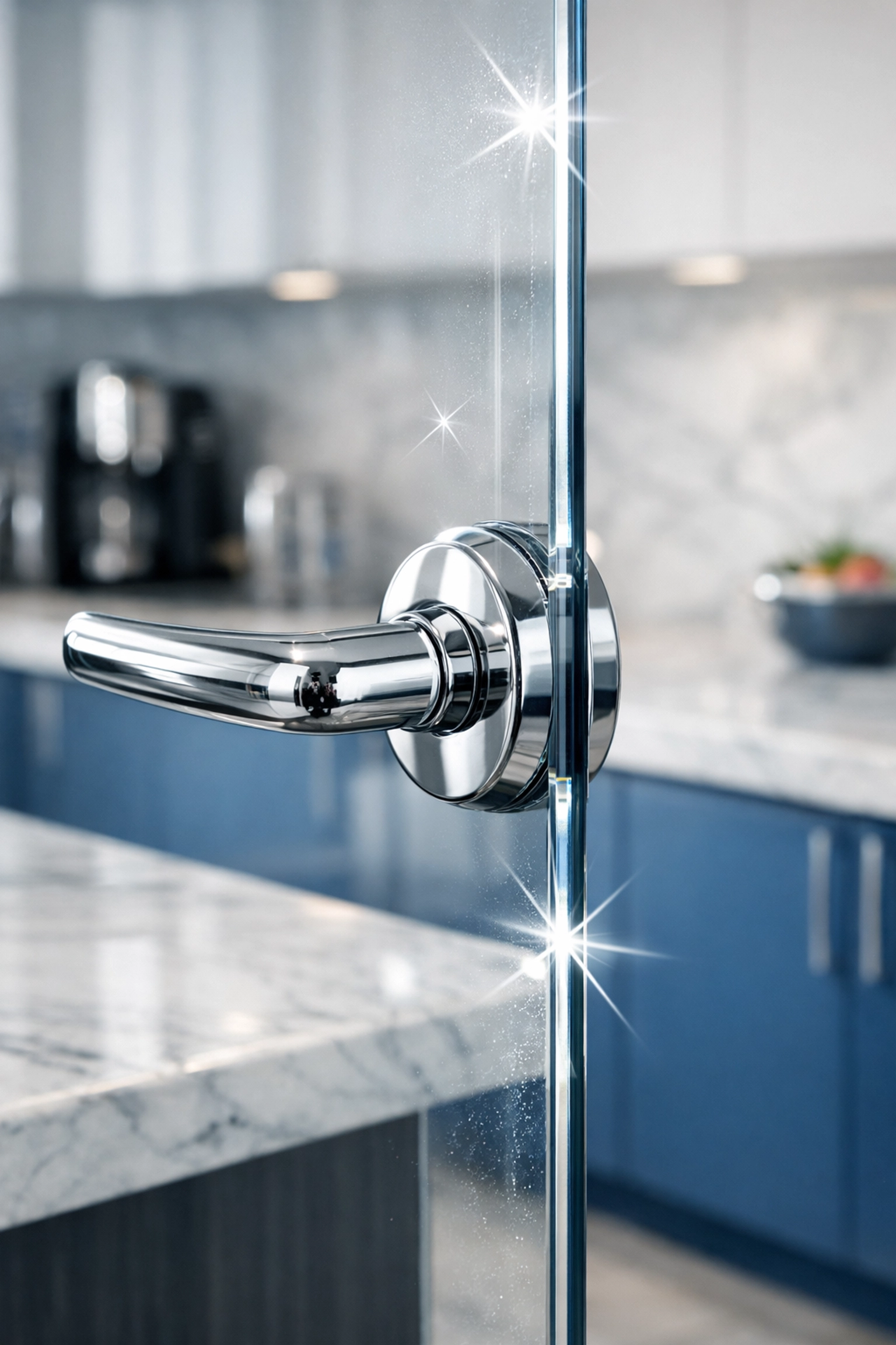 Streak-free glass partition and polished door handle in a clean, professional office.