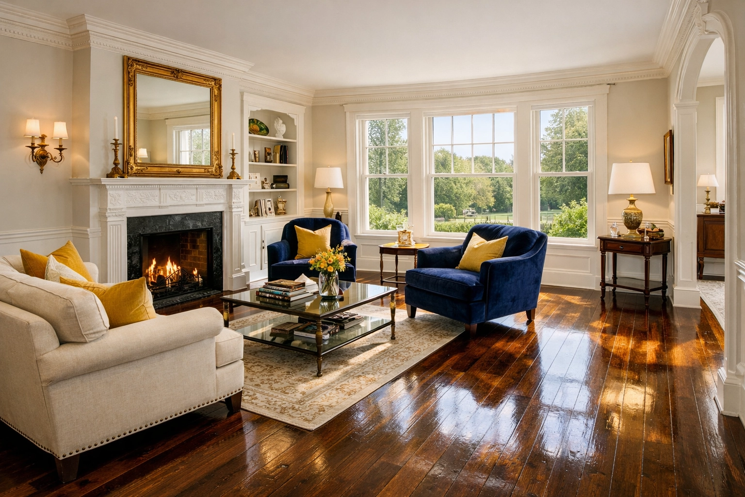 Pristine living room in a Harvard MA estate showing the results of premium residential house cleaning.