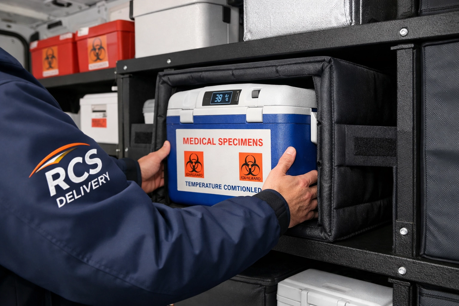 Professional courier loading specialized medical specimen coolers into a secure transport vehicle.