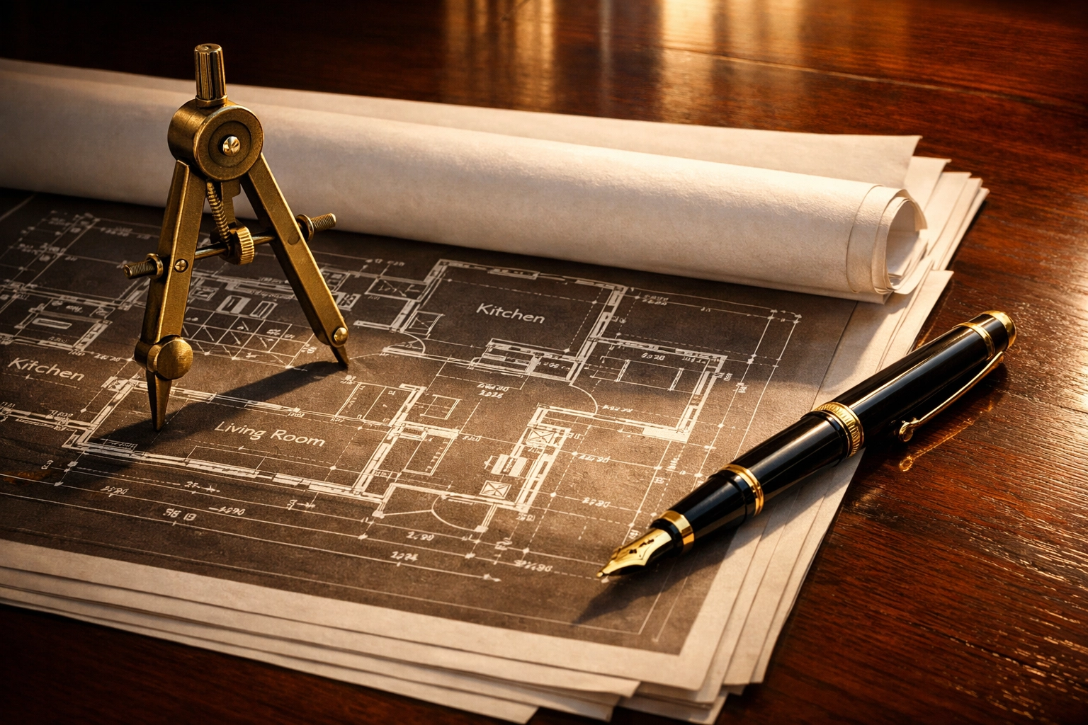 Architectural house plans and tools on a desk, representing a detailed builder's quote scope of work.