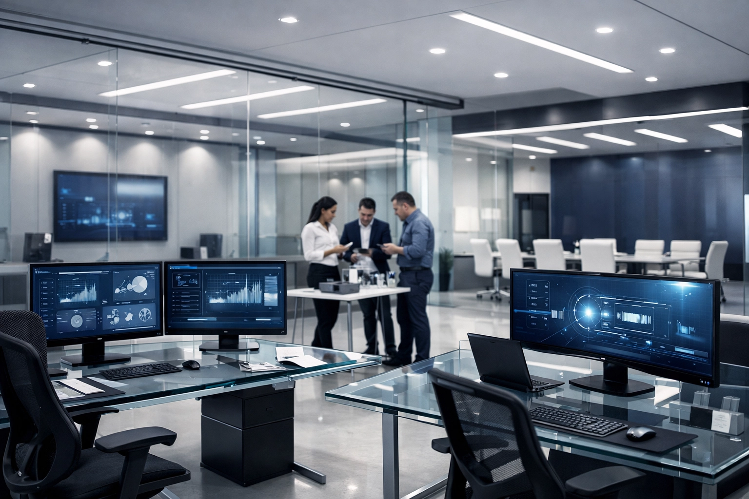 Professionals working in a high-tech innovation hub using future-ready business infrastructure.