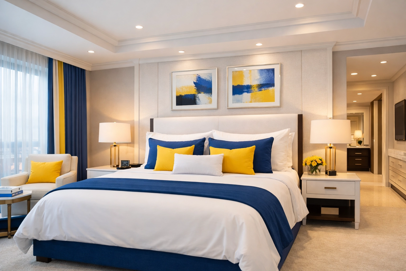 A professionally cleaned luxury bedroom with crisp white linens and perfectly arranged pillows.