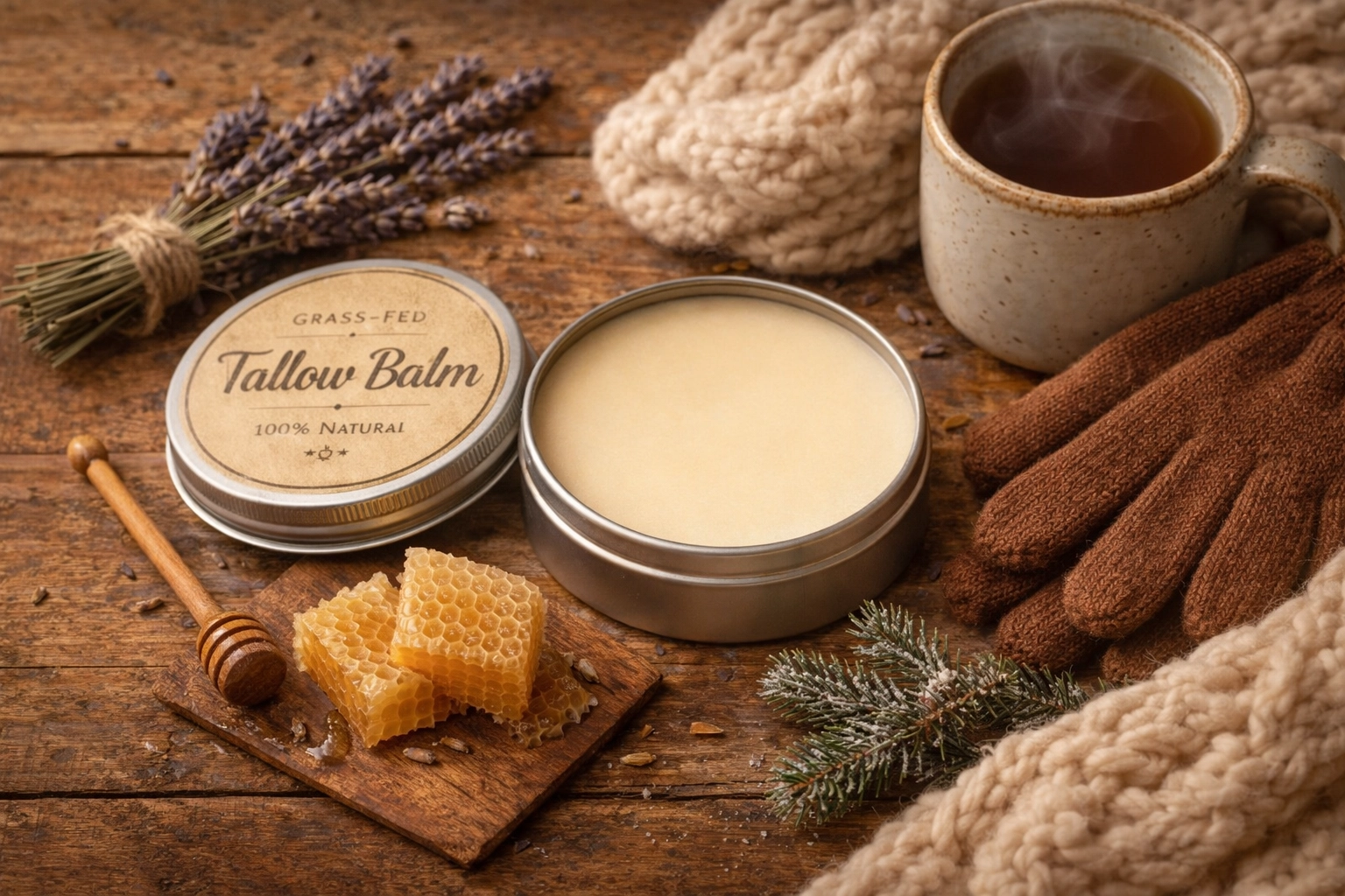 Natural tallow balm with winter skincare essentials on rustic wood table