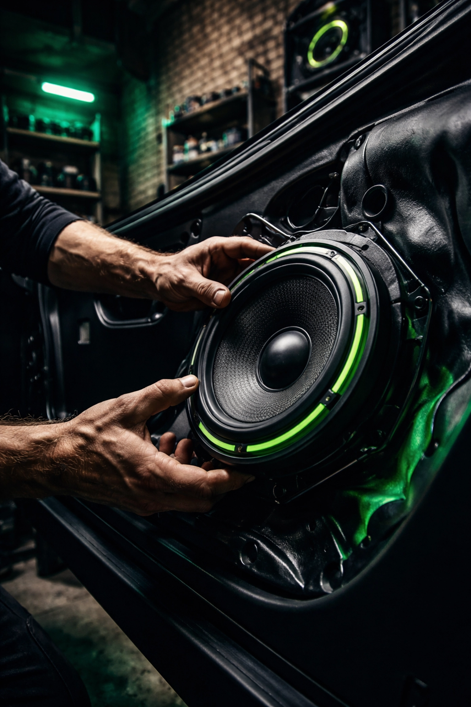 Technician installing premium car speaker, highlighting expert car speaker installation in Pittsburgh