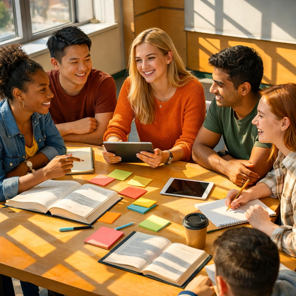 Diverse students collaborating in modern classroom demonstrating inclusive education