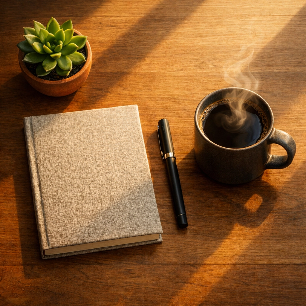 A peaceful morning journaling setup with a notebook, pen, and coffee on a sunlit wooden desk.