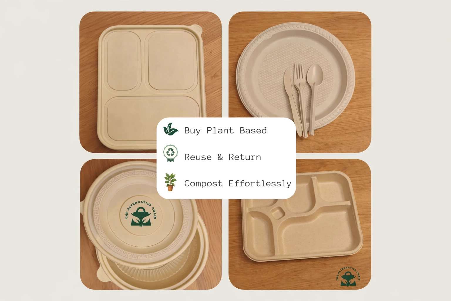 Assorted compostable, plant-based tableware solutions including trays and natural-colored plant-based cutlery
