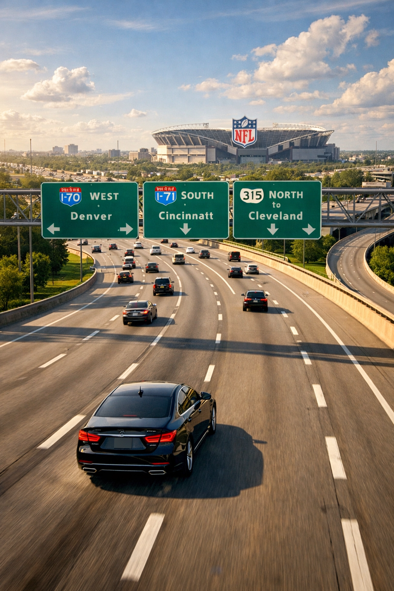NEWSLETTER: 7 Last-Minute Super Bowl Travel Mistakes Executives Make (And How to Fix Them Before Kickoff) Executive car traveling to Super Bowl stadium showing optimal hotel distance