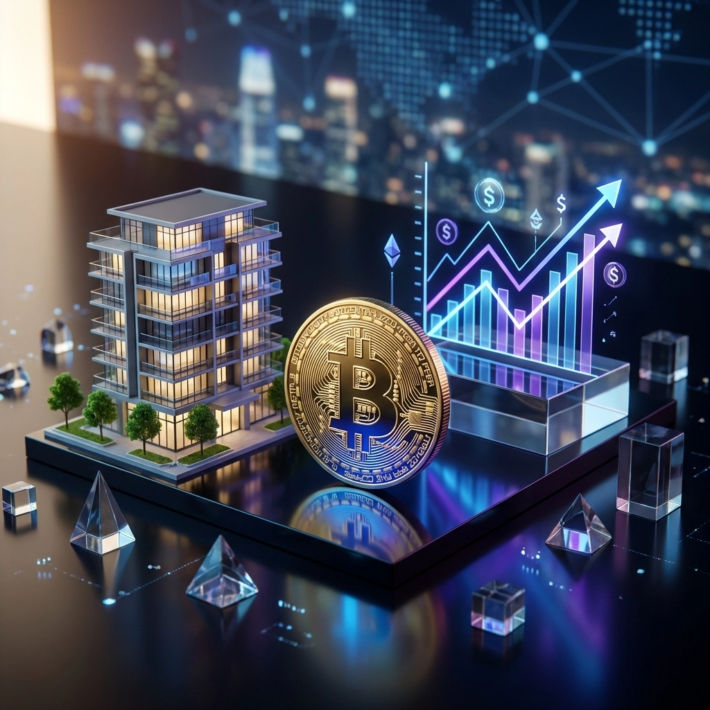 Bitcoin, real estate, and hedge fund charts reflecting alternative investment strategies