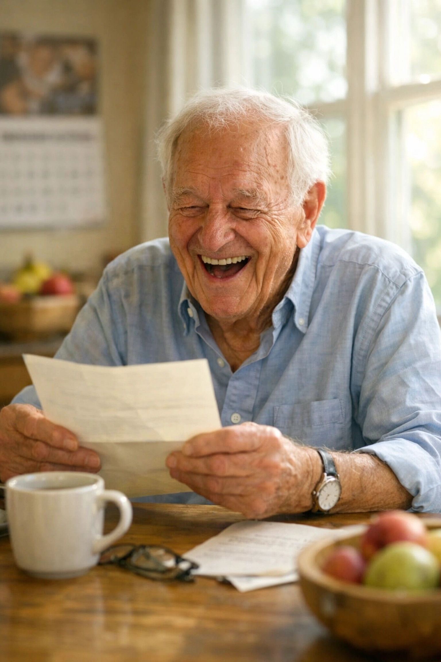 Elderly man laughing with joy while reading heartfelt letter at kitchen table
