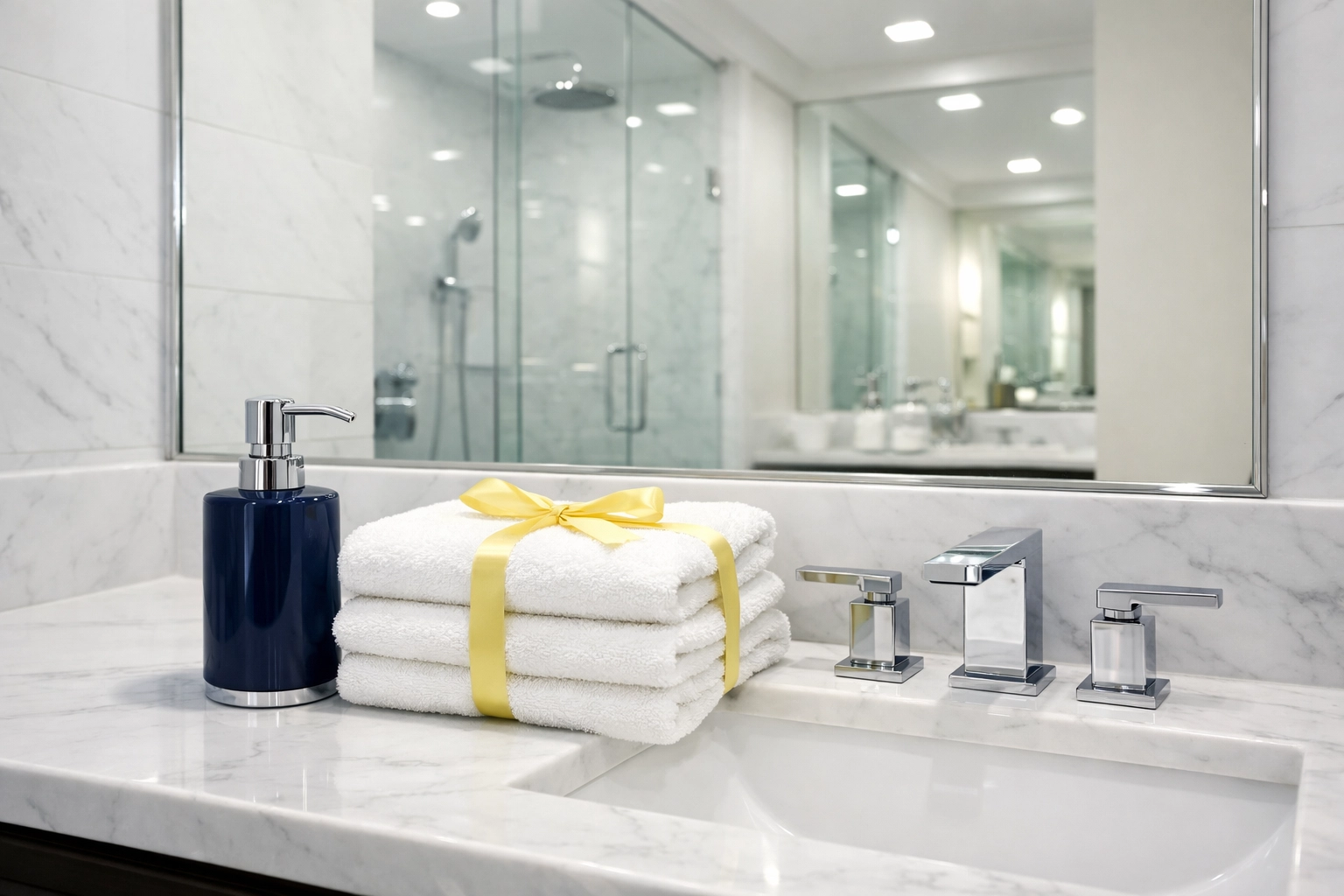 Deep cleaned and sanitized apartment bathroom in Milford featuring white marble and polished fixtures.