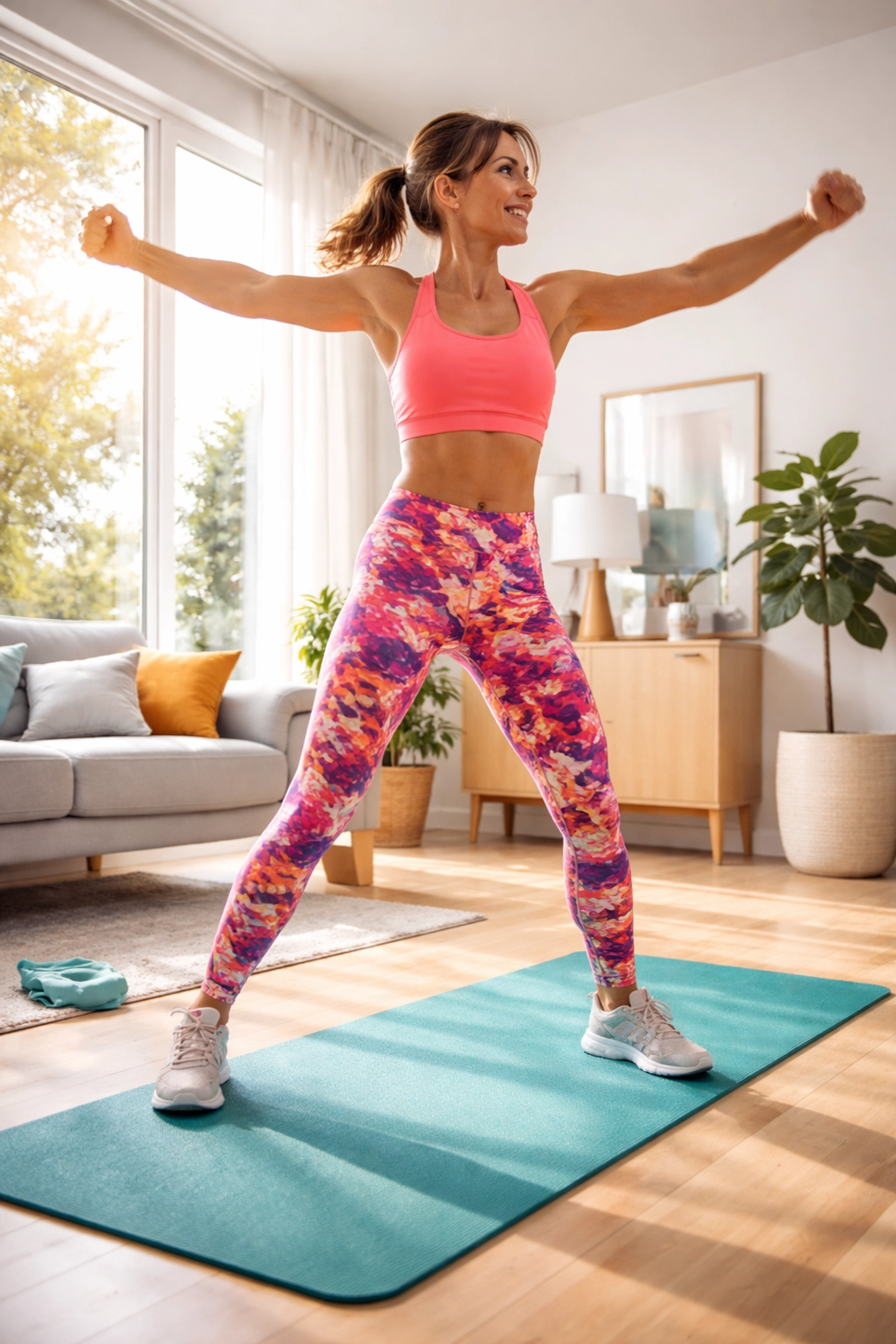 Femme faisant des exercices d'échauffement dans un salon moderne avant un micro-workout à domicile