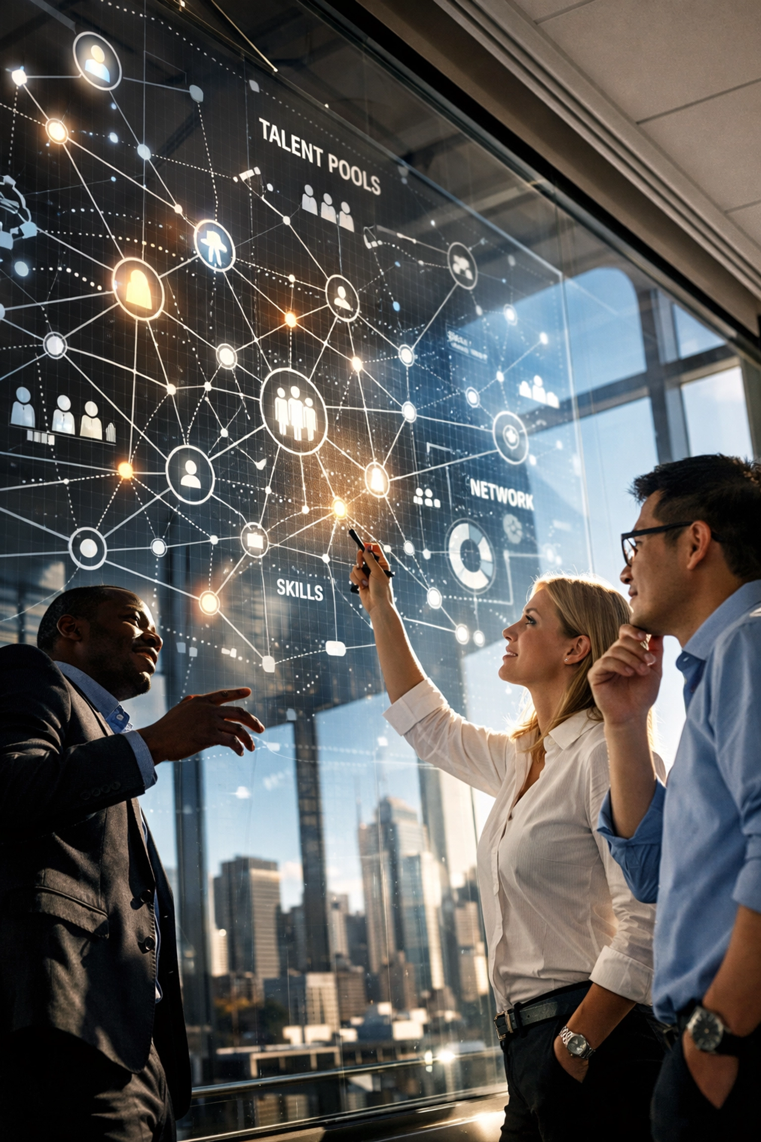 Business team analyzing a talent ecosystem dashboard to visualize future workforce pipeline health.