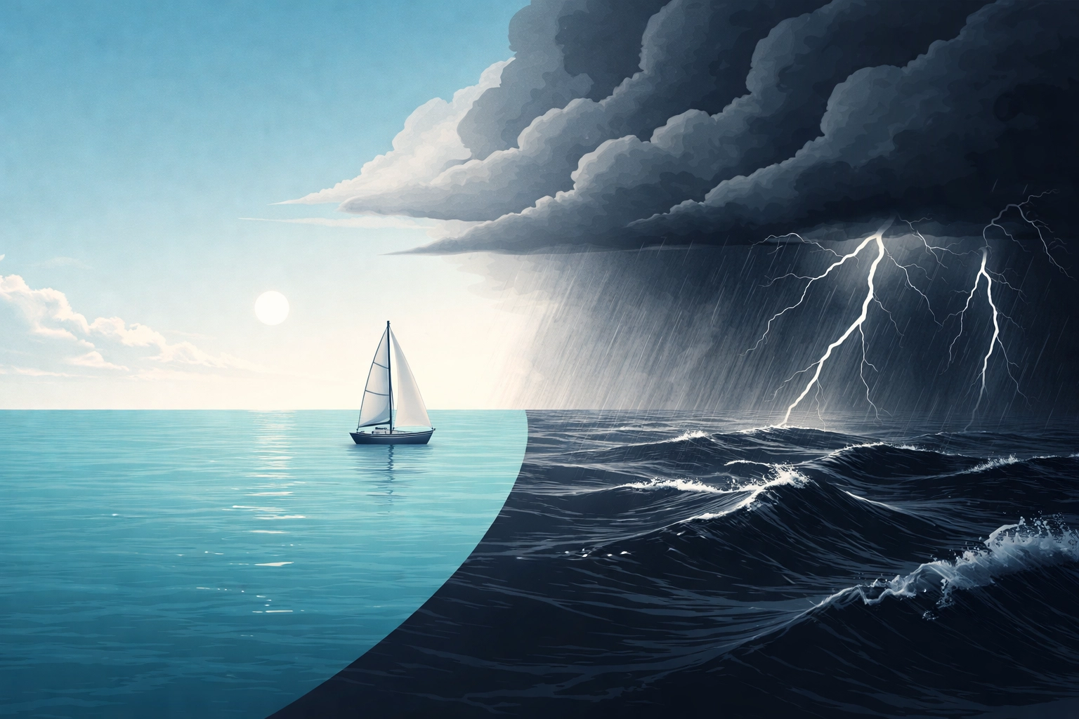 Minimalist image of a sailboat facing a looming storm, representing the need for crisis-ready portfolio diversification.