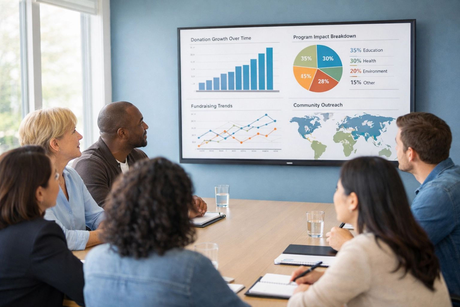 Nonprofit team analyzing donor data and visualizations for major gift strategy