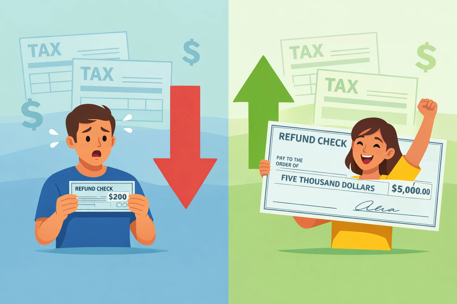 Comparison of larger and smaller tax refund checks showing 2026 standard deduction impact