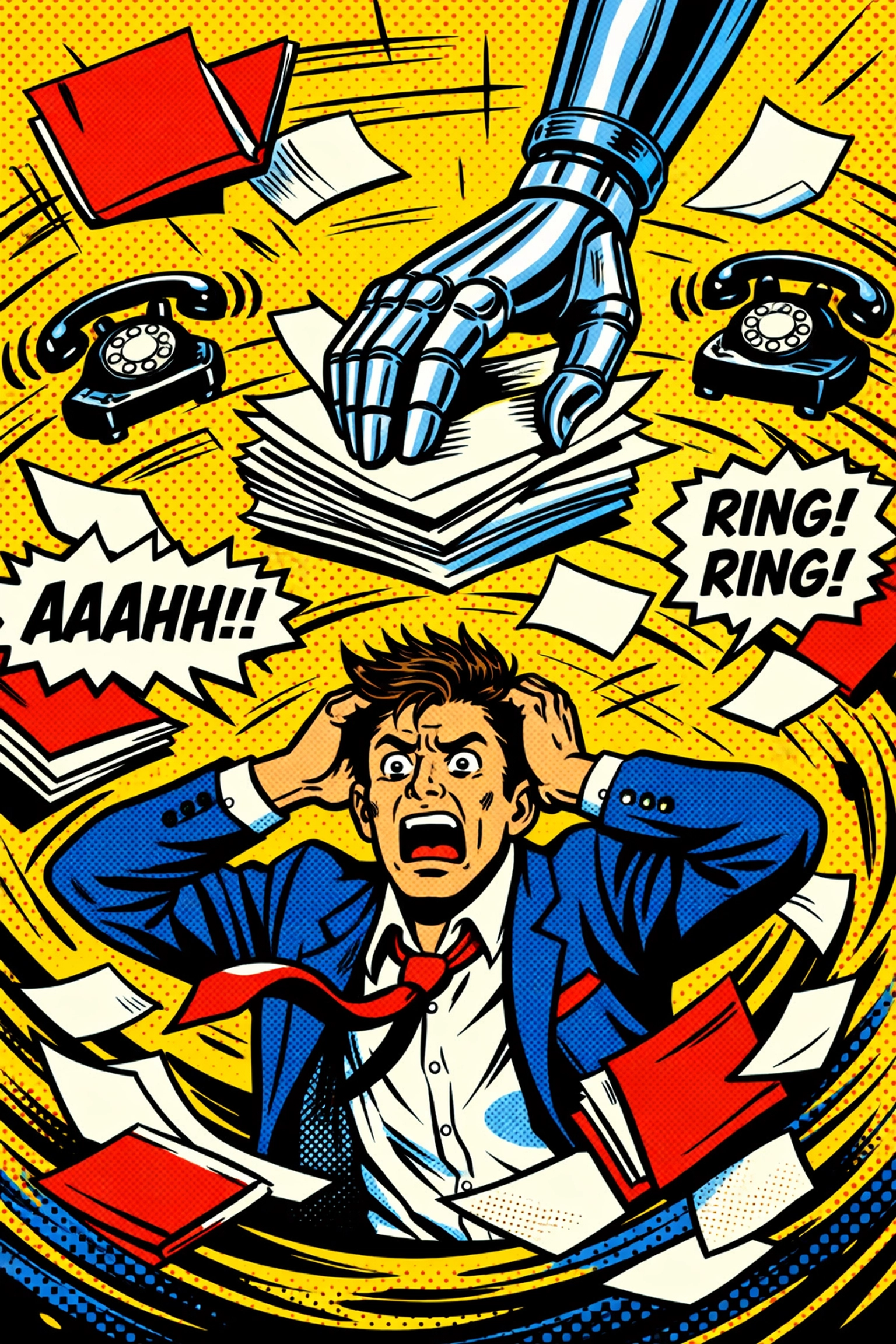 Comic illustration of business automation tools rescuing an overwhelmed office worker from tedious admin tasks.