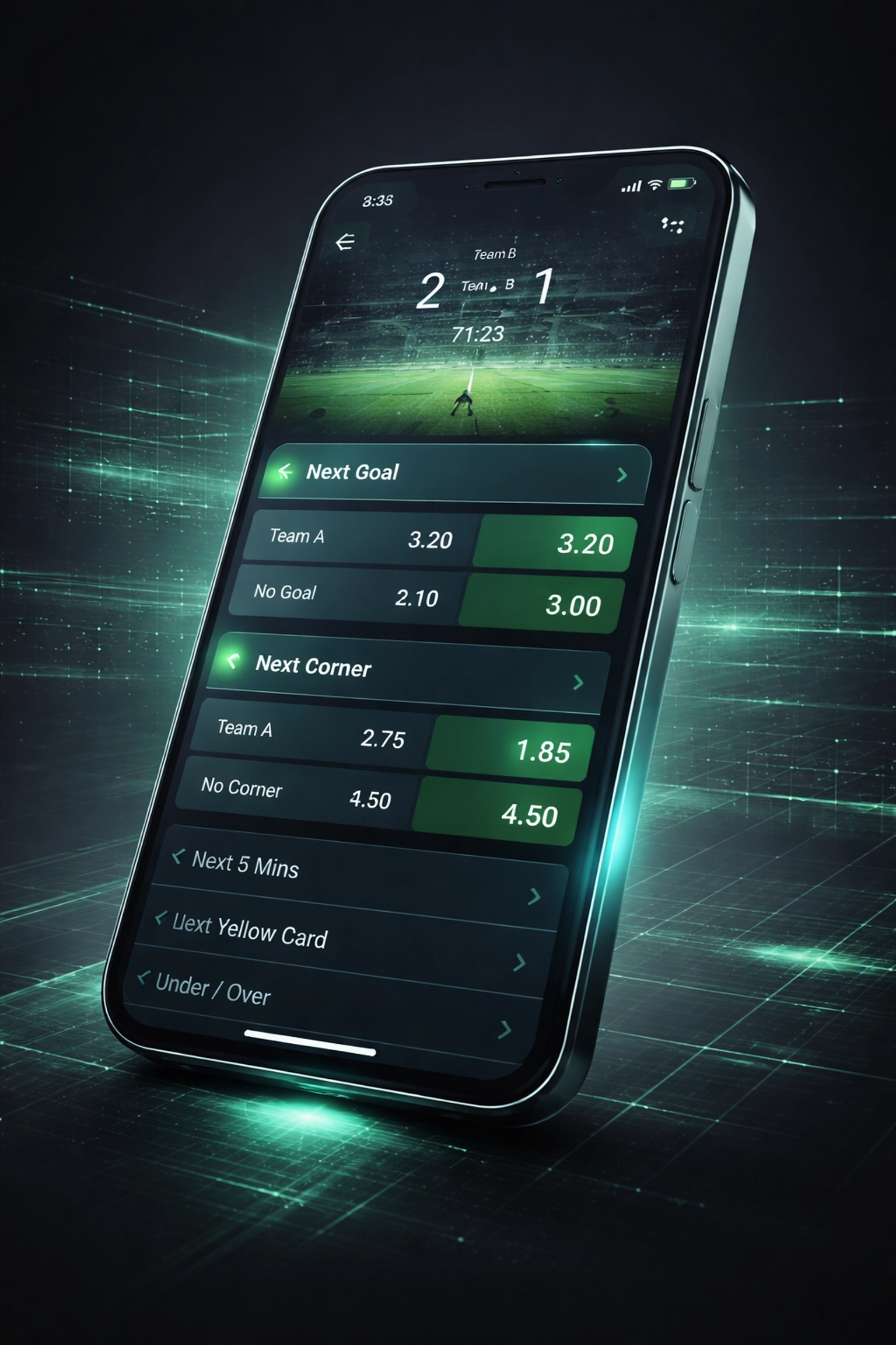 Smartphone displaying live football micro-betting options for next goal and next corner markets, showing rapid updates.