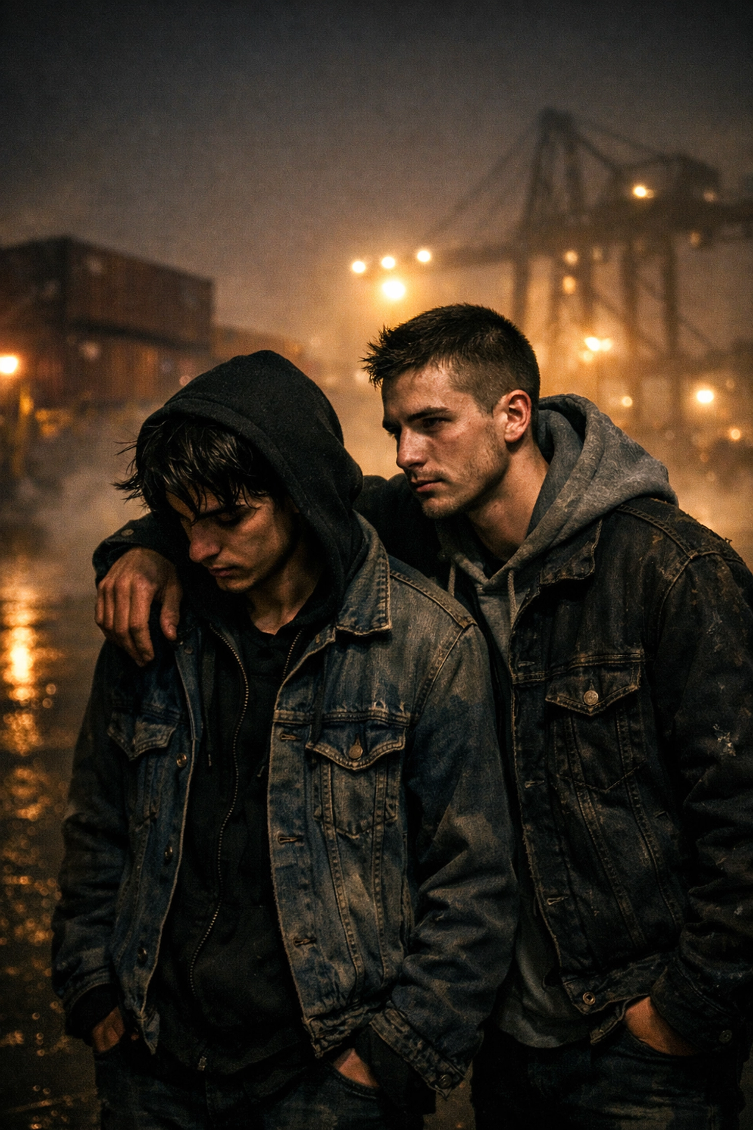 Two young men sharing a tender moment on a foggy industrial dock, highlighting themes in gritty MM romance books.
