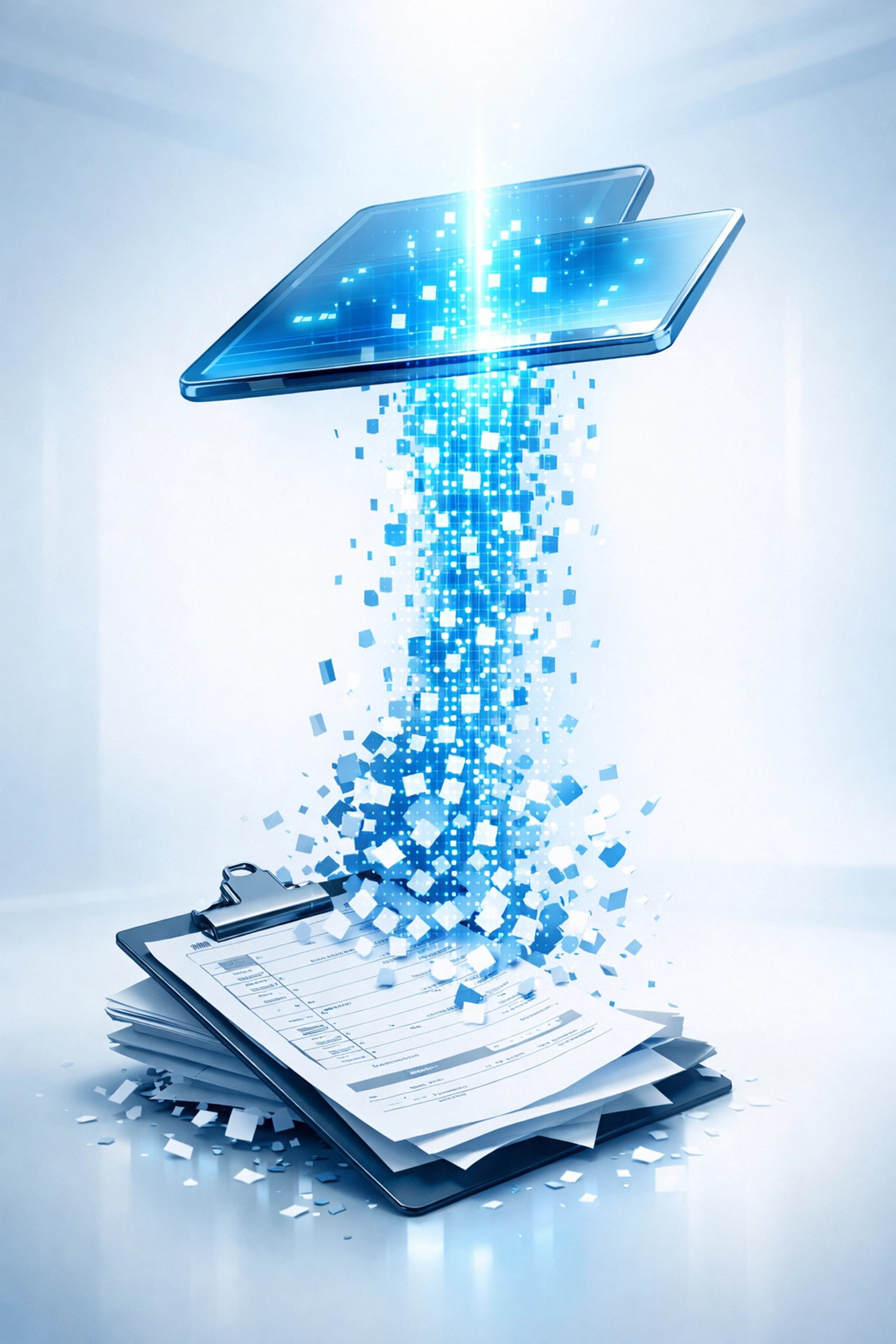 A physical clipboard and paper forms transforming into digital data on a modern medical tablet.
