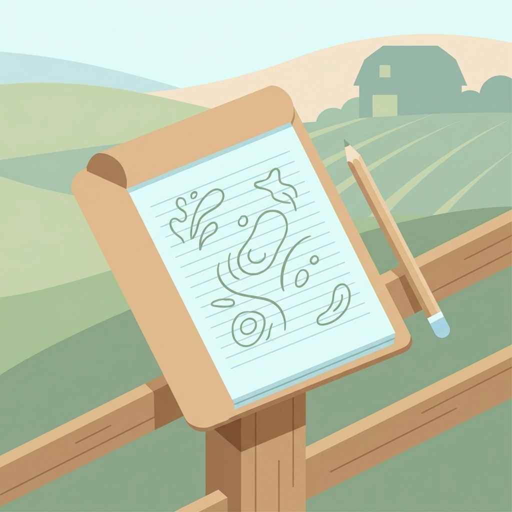 Minimalist illustration of a farm field journal and pencil on a fence post, highlighting observation notebook use outdoors.