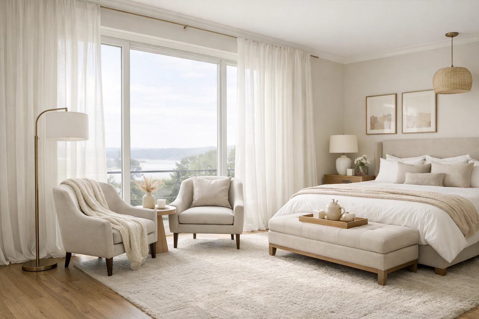 Master suite seating area with accent chairs by a window, illustrating a complete virtual home design project.