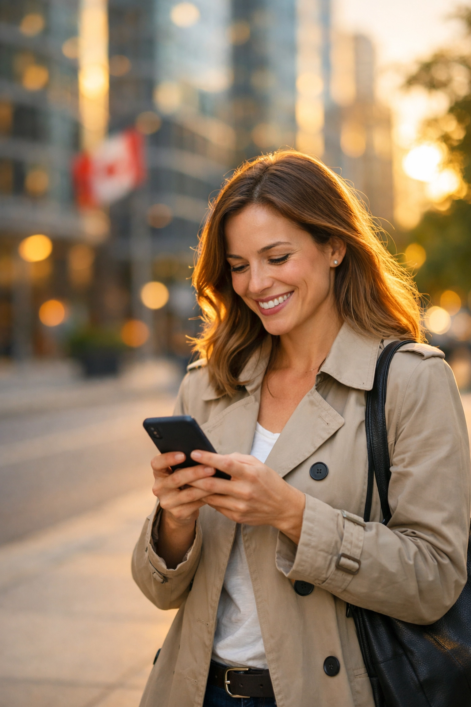Happy woman in Canada successfully accessing an instant payday loan Canada on her mobile phone.