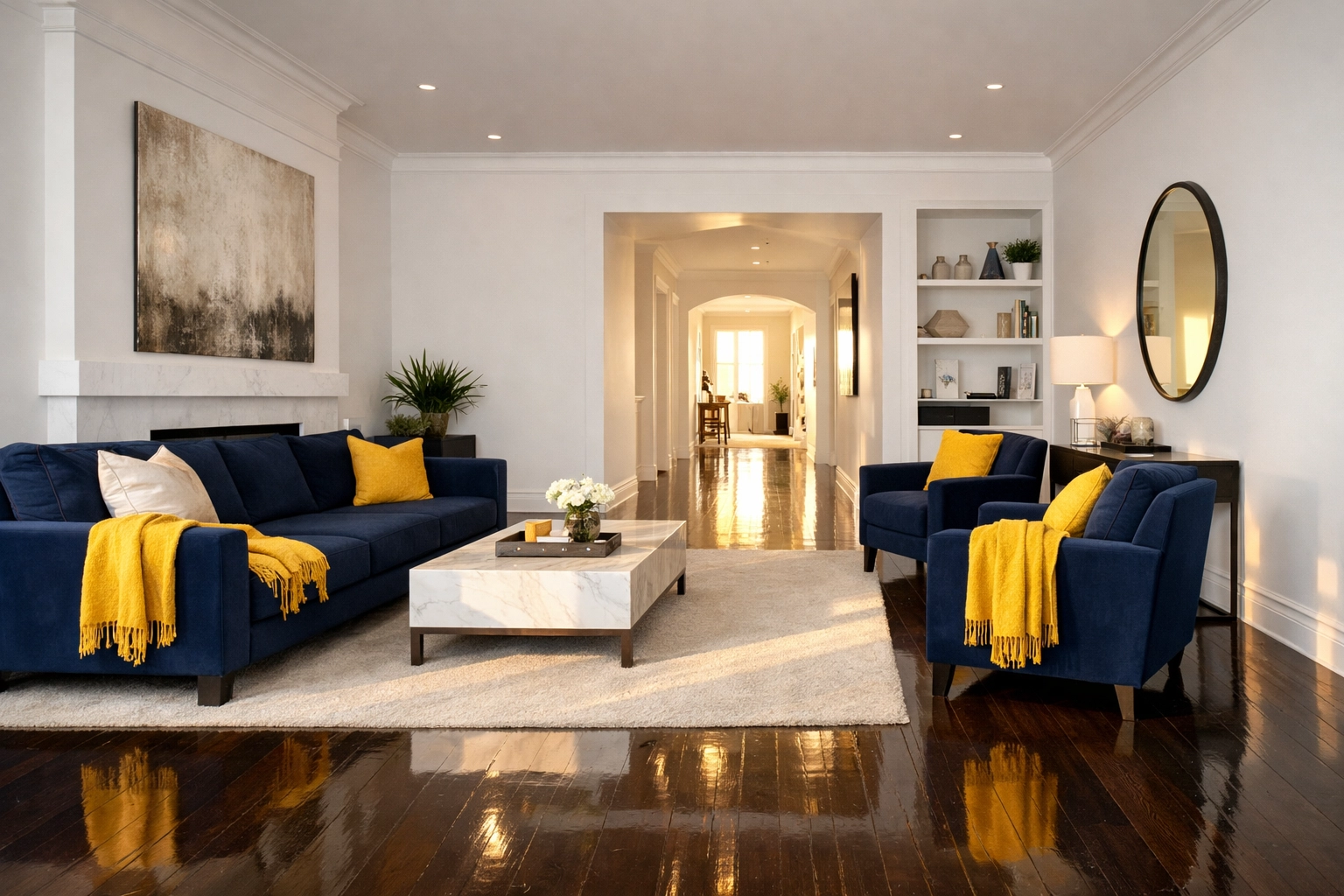 A sun-drenched living room showcasing professional house cleaning on polished hardwood floors in MetroWest.