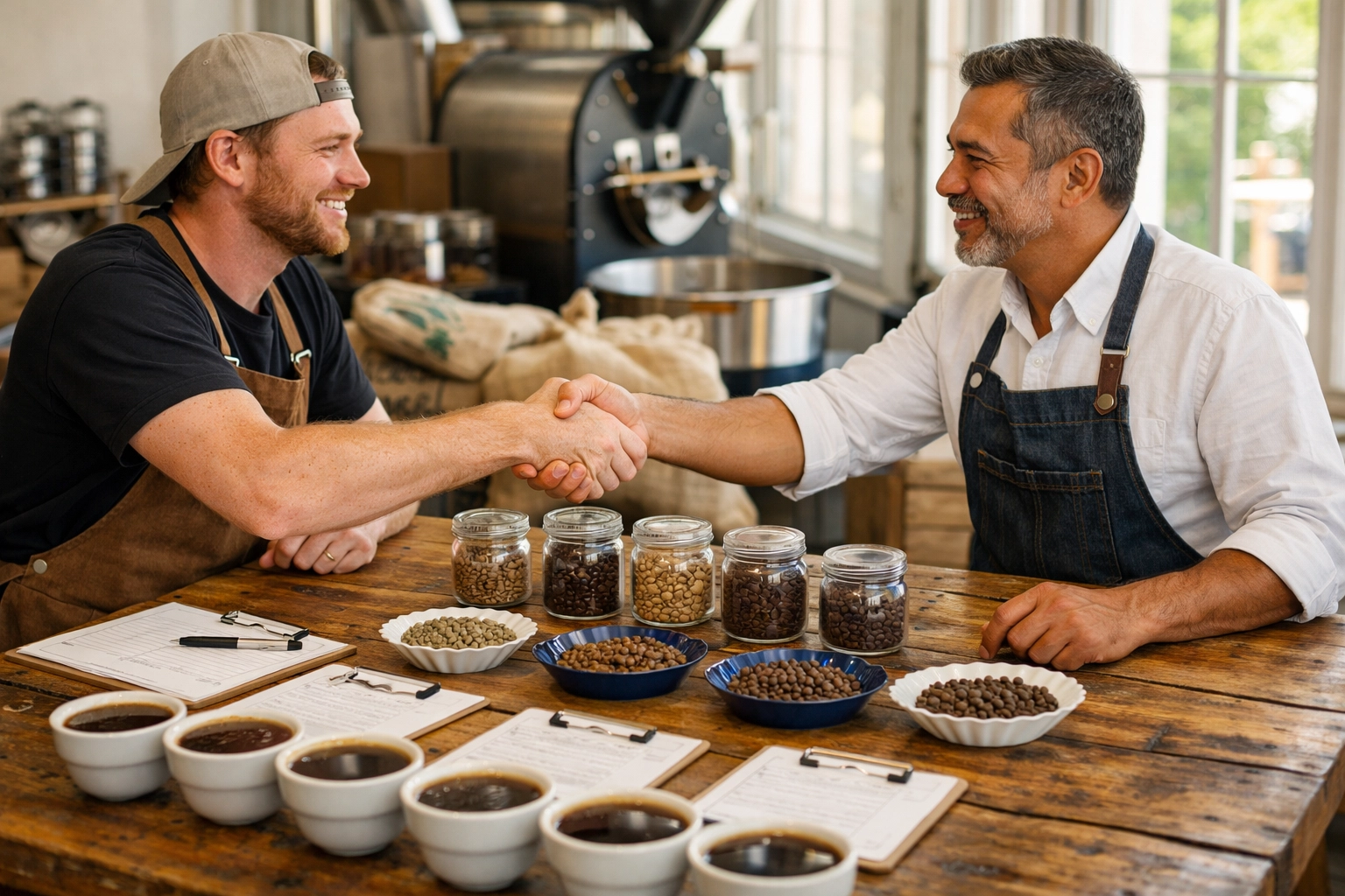 Coffee shop owner and wholesale roaster handshake partnership over coffee samples