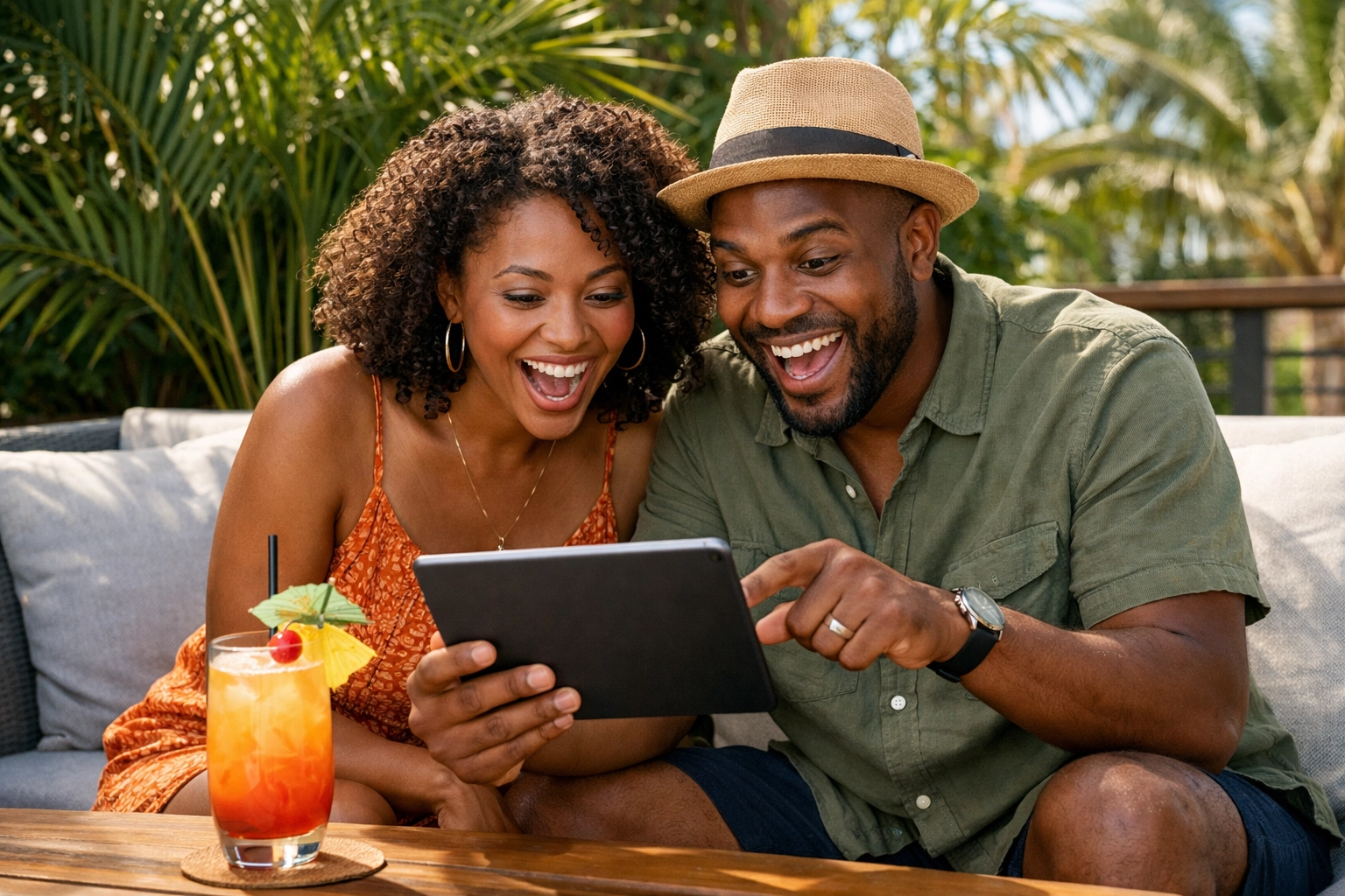 A couple reviewing their custom travel itinerary on a lush terrace with an Omaha Travel Agent.