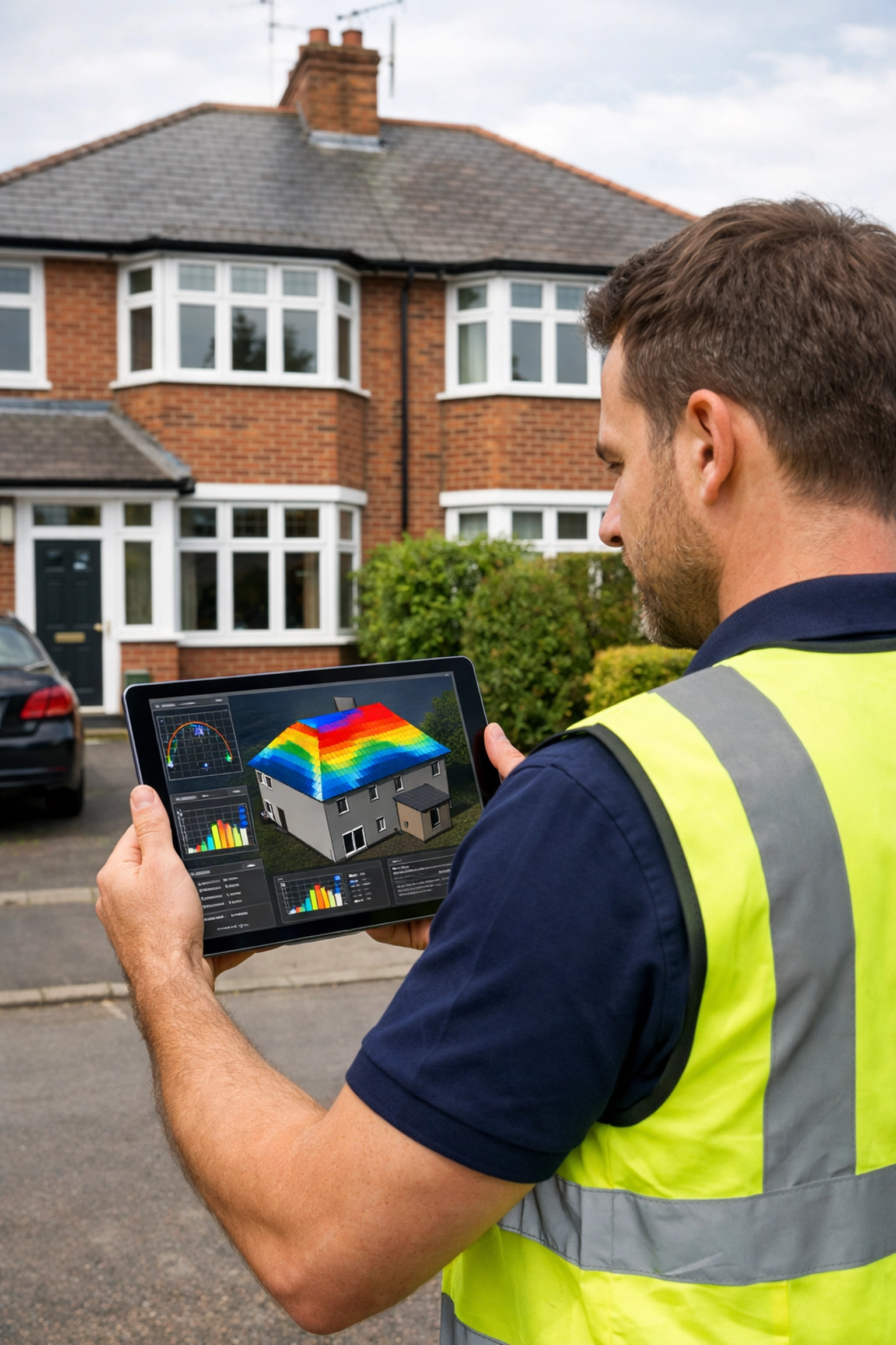 Professional solar installer performing a site survey with shading analysis at a UK home.
