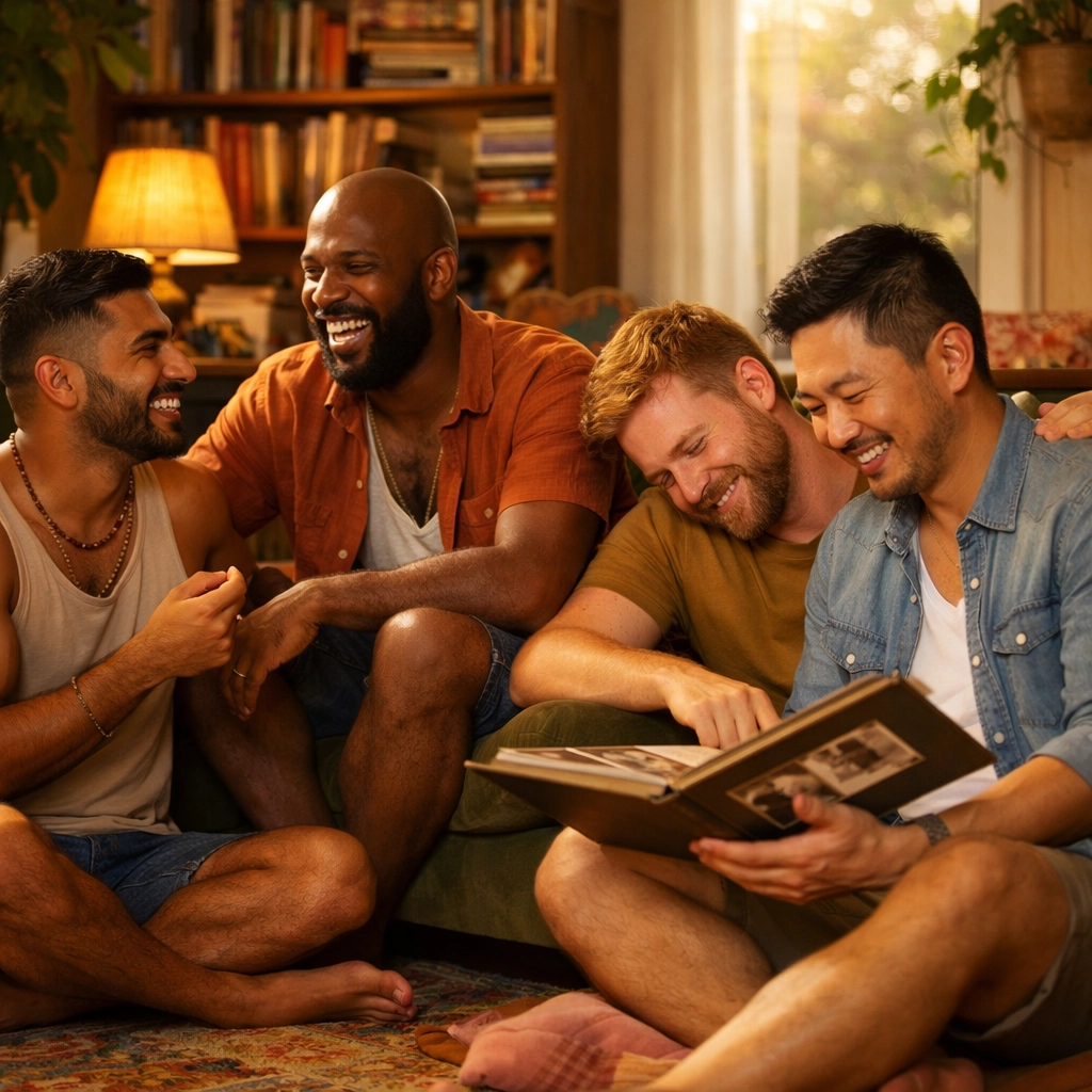 A diverse group of gay men laughing in a living room, illustrating the safety and support of a queer chosen family.