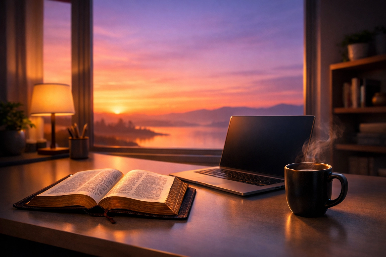 An open Bible on a desk at sunrise, showing a direct connection to God and spiritual empowerment.