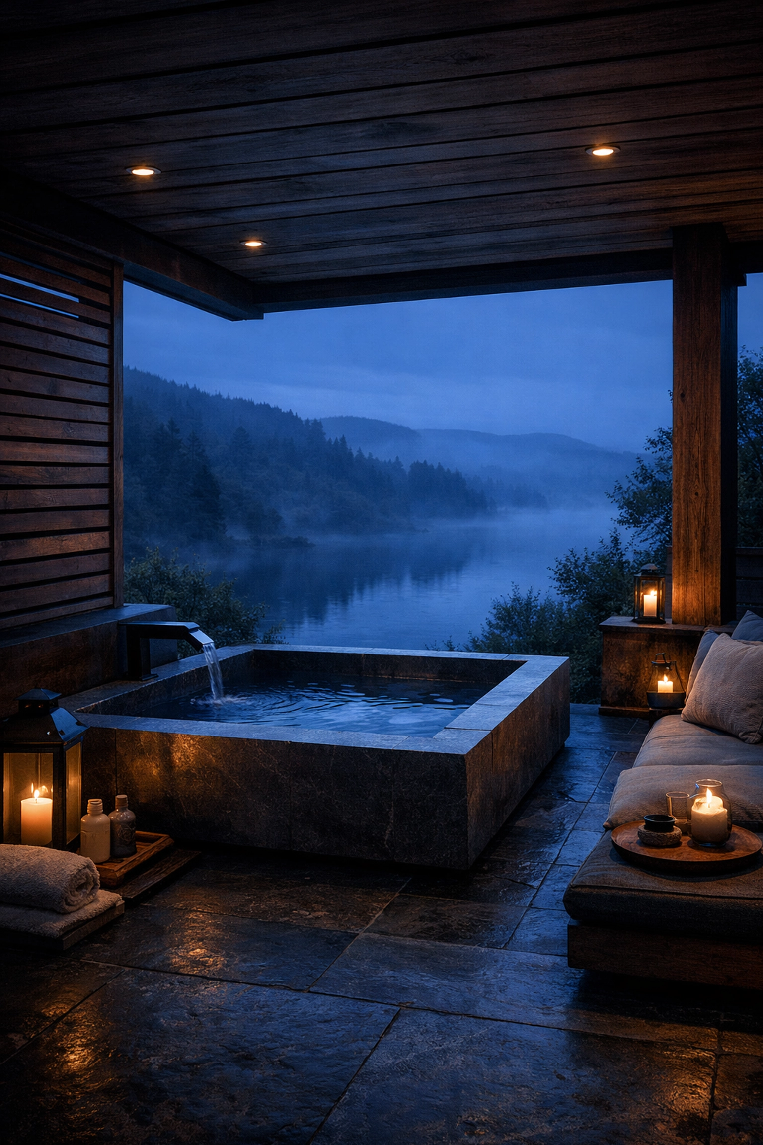 Private luxury hotel wellness suite with a stone soaking tub, illustrating 2026 high-end hospitality trends.