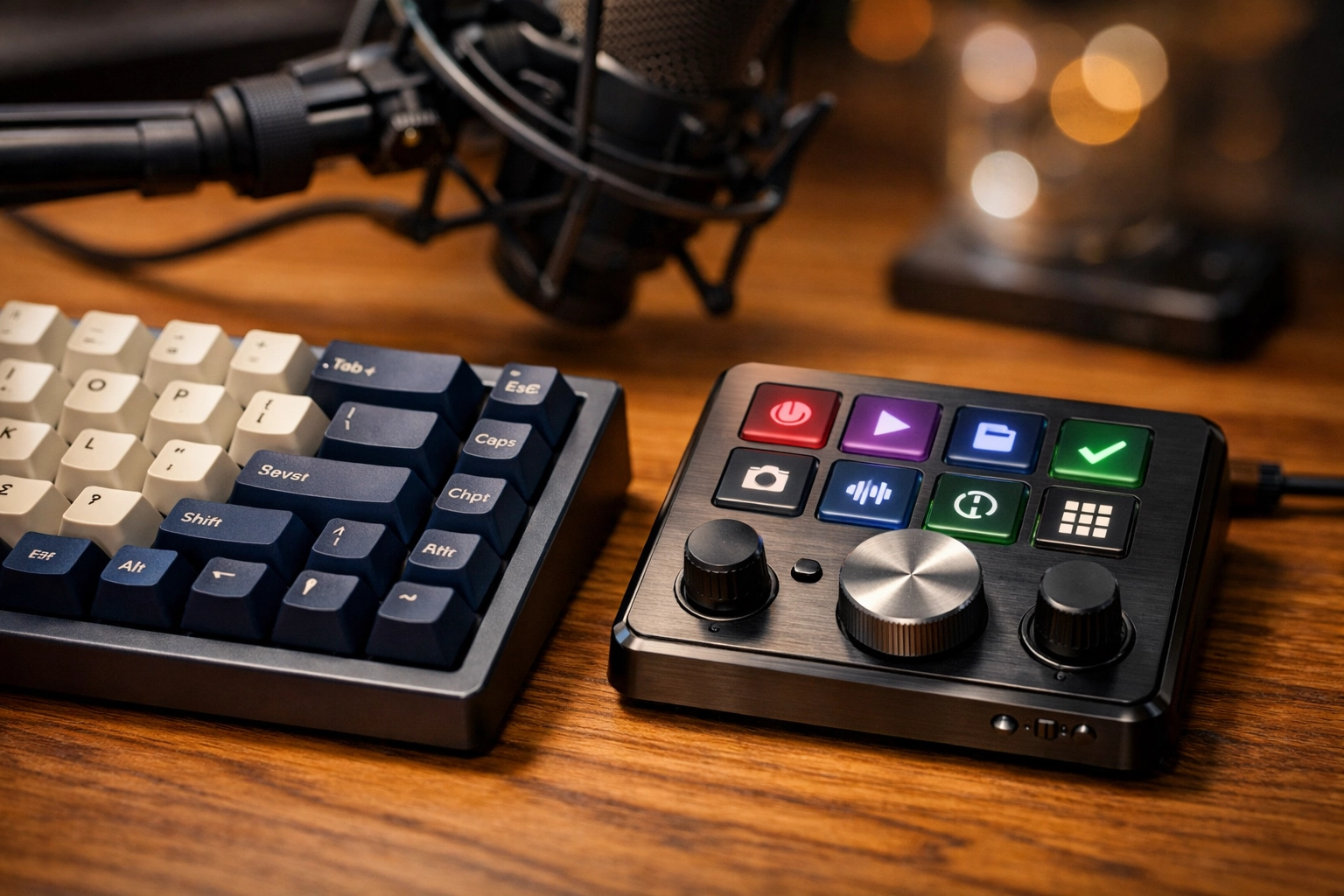 Close-up of a mechanical keyboard and programmable macro pad for automating online study workflows.