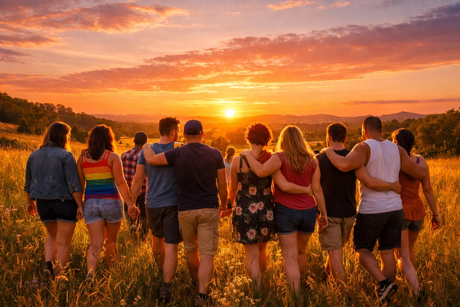 A group of gay men and lesbians walking at sunset, celebrating the milestone of finding a supportive LGBTQ+ tribe.