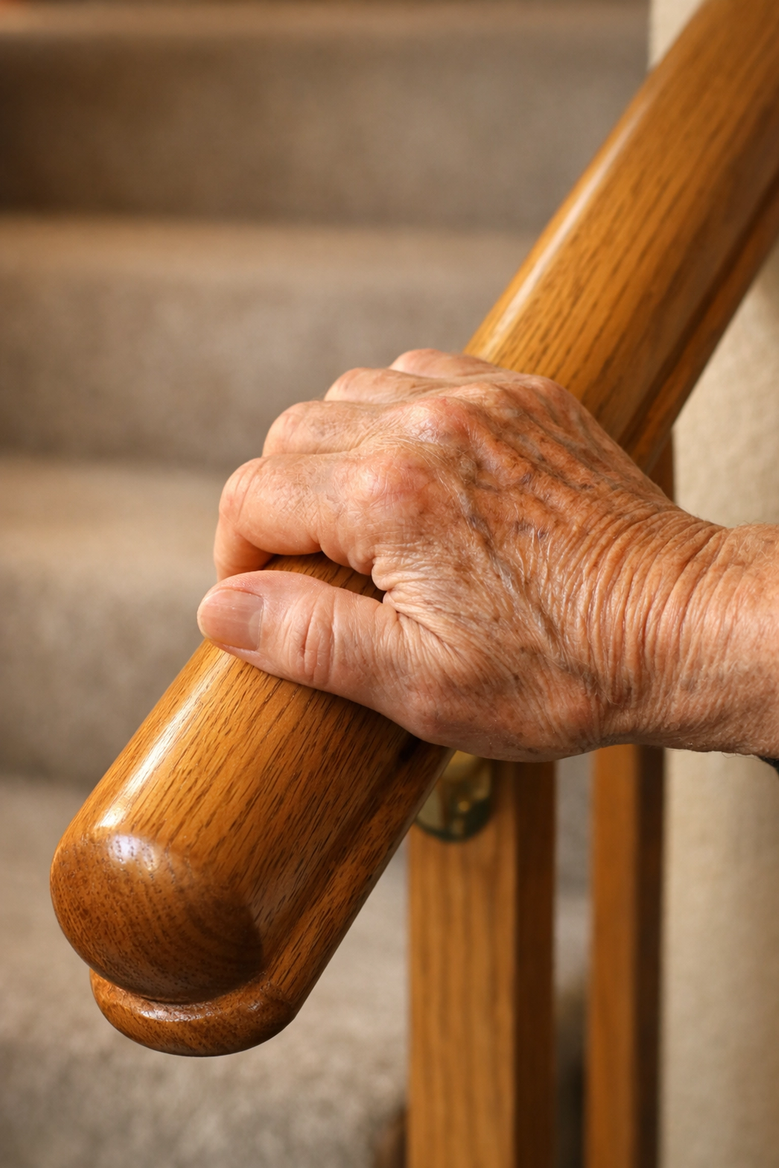 Senior hand gripping handrail on staircase for safety and fall prevention support