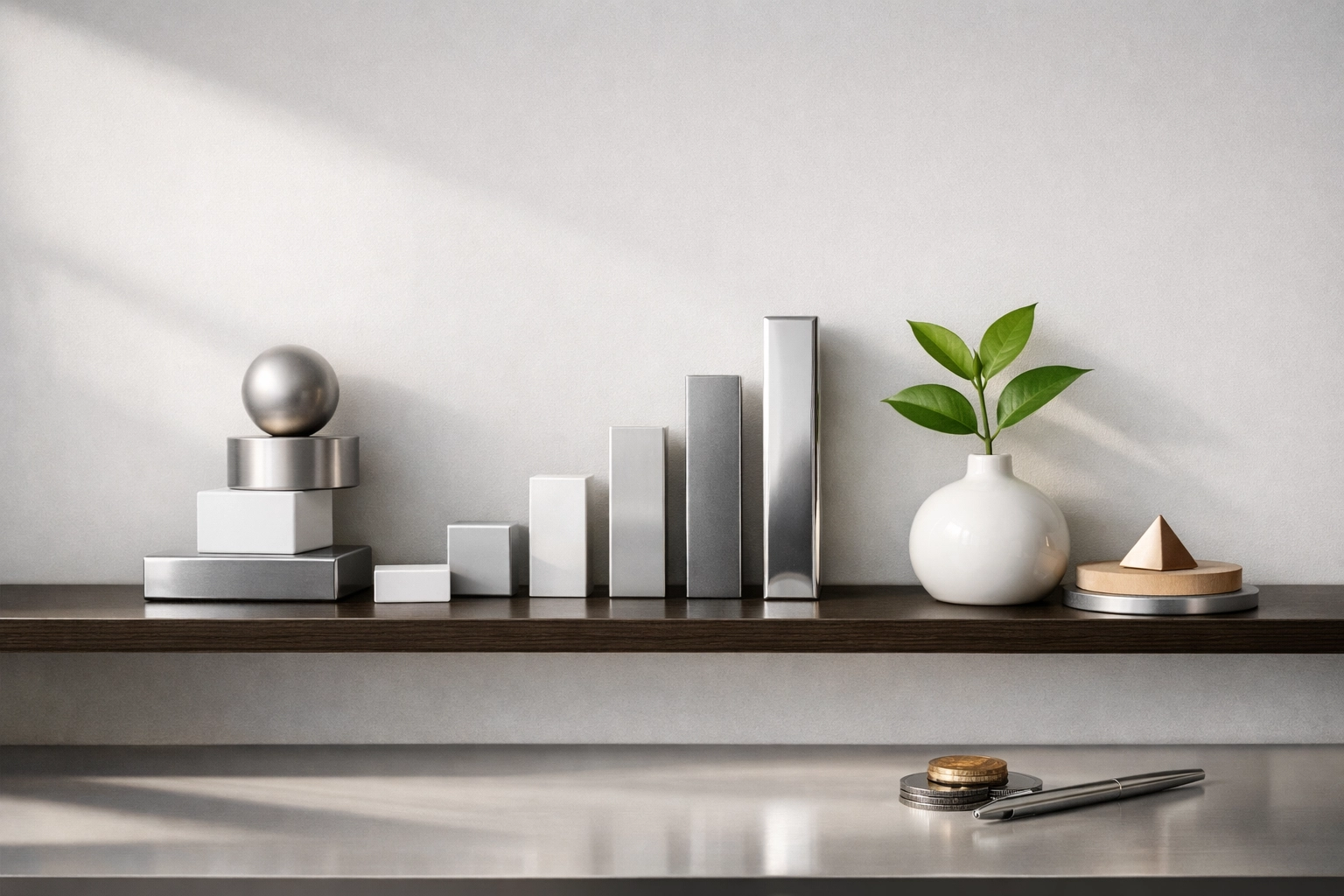 Organized office shelf with a green plant and books, representing sustainable business growth.