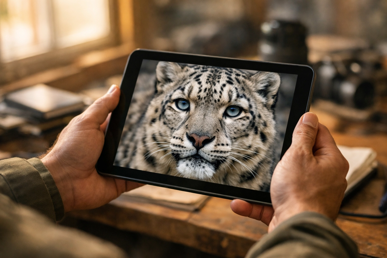 Conservationist reviewing endangered species photo on tablet for wildlife conservation storytelling