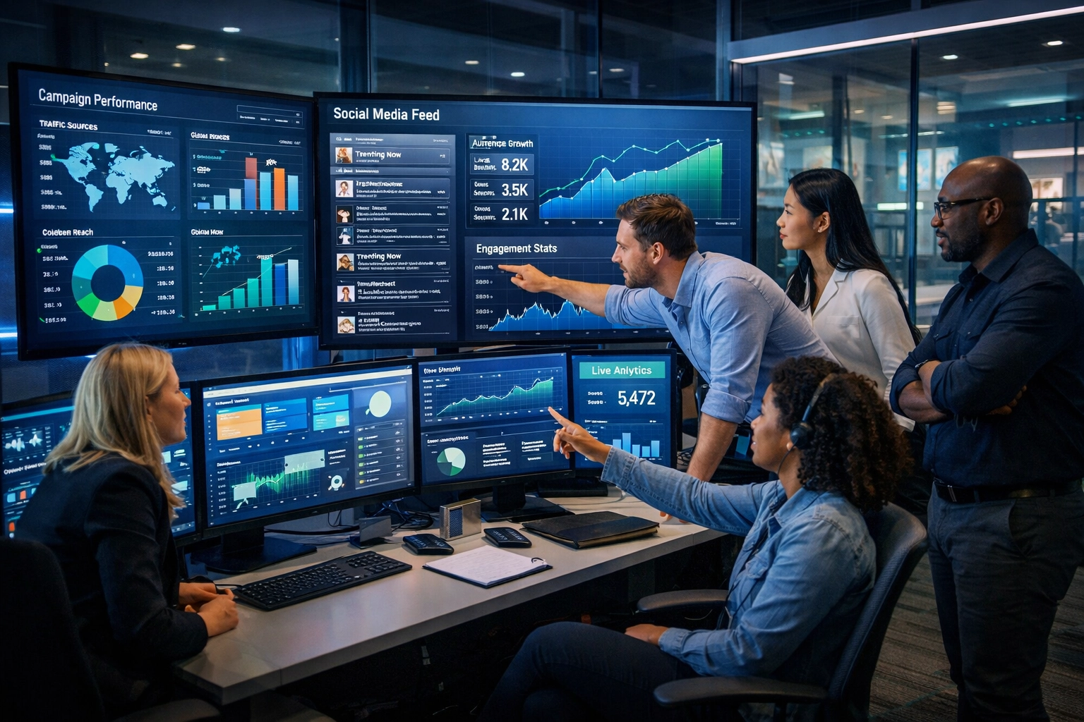 Marketing professionals analyzing brand partnership analytics and engagement data