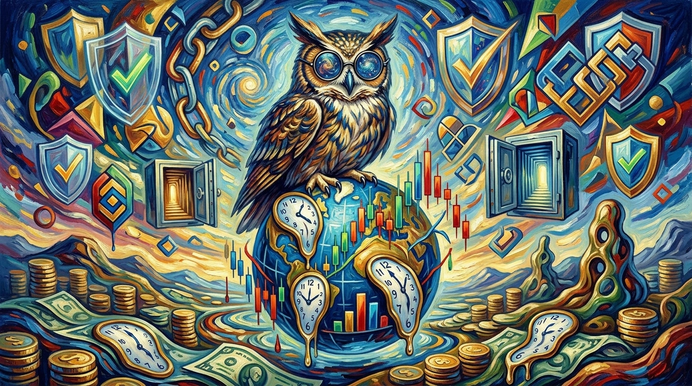 Surreal owl on a chart-globe with security motifs
