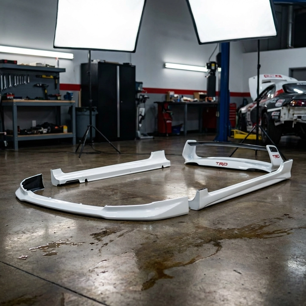 TRD aero components for Toyota Altezza, including front lip, skirts, and spoiler, rare factory OEM parts