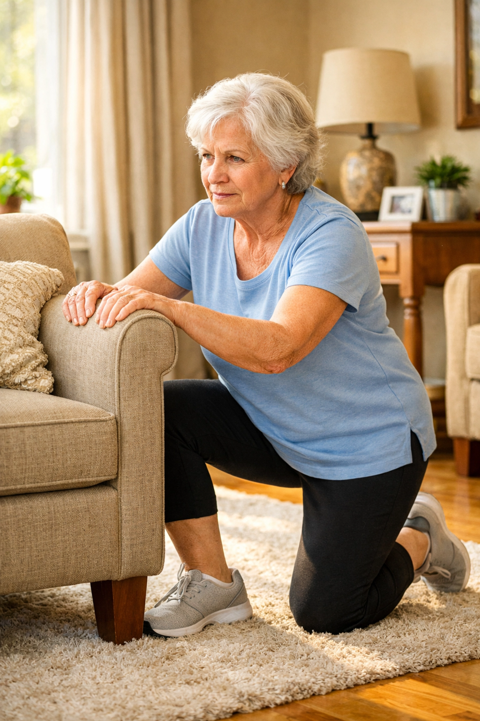 Senior woman in half-kneeling position using armchair support to safely stand after fall