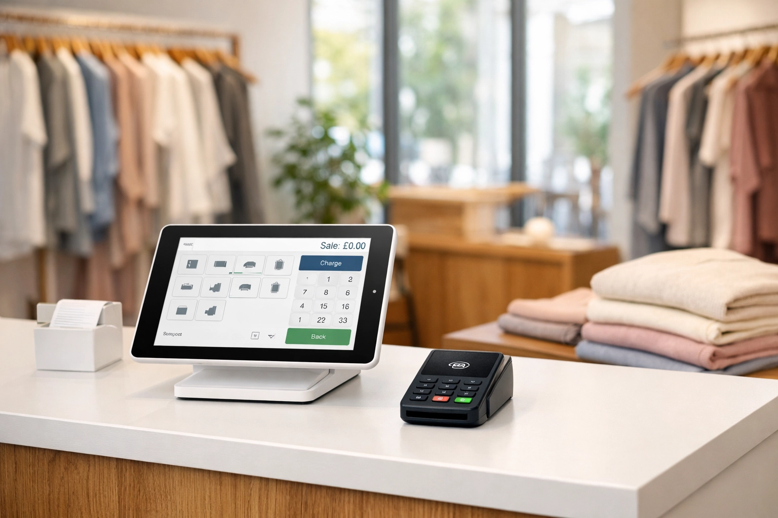 Modern UK boutique interior with POS system setup on counter and clothing displays